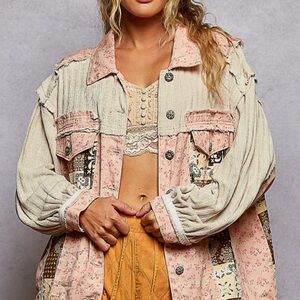POL Women's Patchwork Jean Jacket in Pink and Cream
